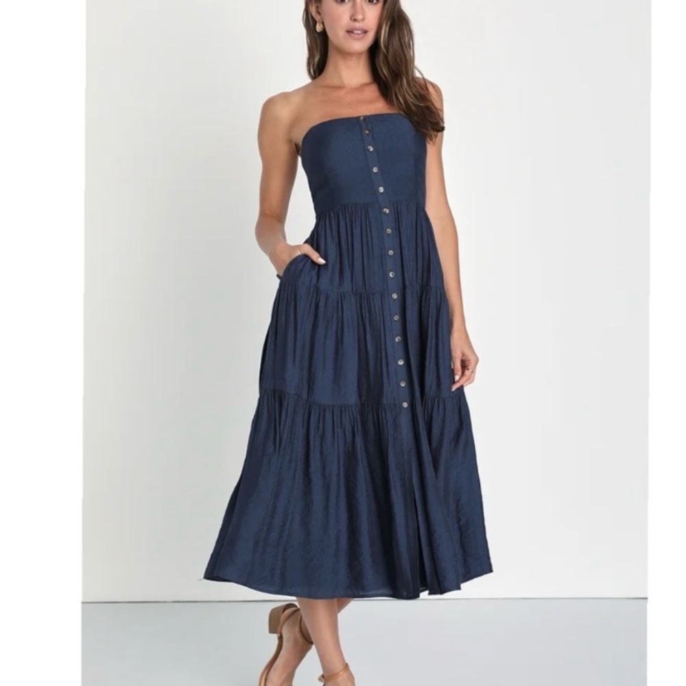NWT Lulus Sweetness and Sunshine Navy Blue Strapless Pockets Midi Dress LARGE